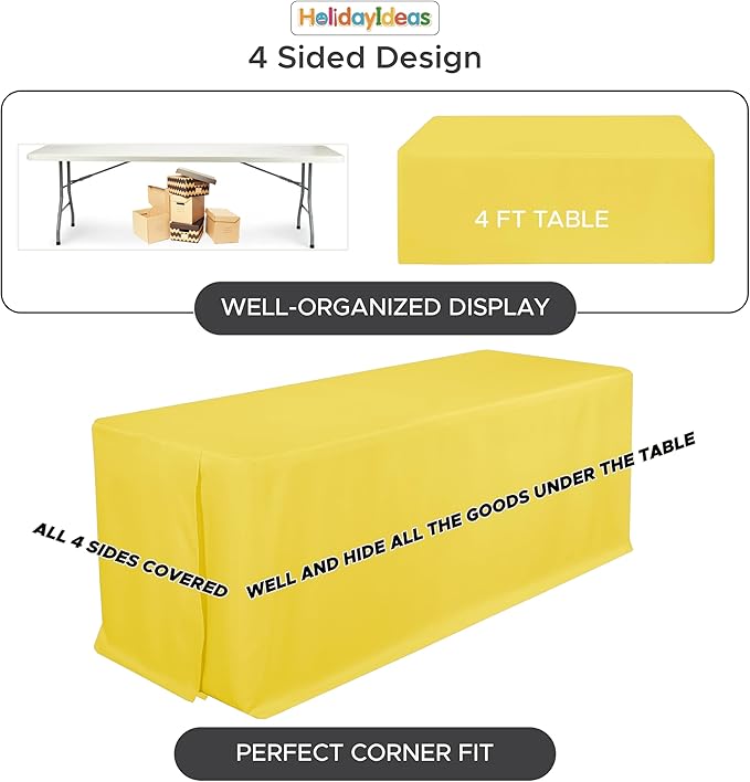 HolidayIdeas Fitted Tablecloths for 6 Foot Rectangle Table, Wrinkle Resistant Washable Table Cover 30x72 Inch for Vendor Booth Display, Banquet, Trade Show, Yellow, 4 Pcs