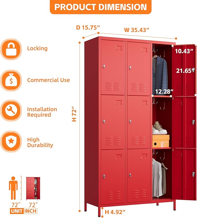 Aobabo New 9 Doors Metal Storage Locker for Employees, Lockable Steel Locker with Name Card Slot and 27 Hooks for School Office Gym Garage, Red, Assembly Required