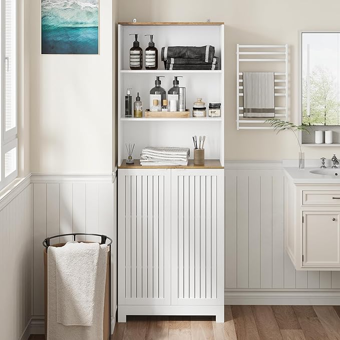 Bathroom Storage Cabinet - 46.7" Freestanding Tall Cabinet with Slatted Doors and Open Shelves, Adjustable Shelves, White Bathroom Organizer for Small Spaces, Bathroom Linen Tower with Closed Storage