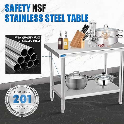 Stainless Steel Table for Prep & Work with Undershelf 24 x 30 Inches NSF Metal Commercial Kitchen Prep Table with Adjustable Under Shelf Worktable for Restaurant Home Outdoor