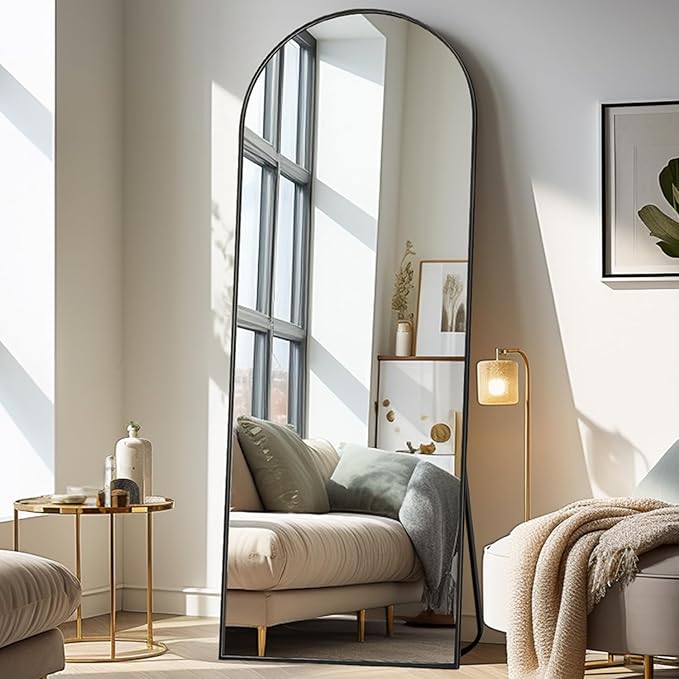 64"x21"Floor Mirror Arched Full Length Mirros, Mirror Floor Length Standing Hanging or Leaning & Large Full Body & Wall Mirror for Bedroom, Living Room, Aluminum Frame, Black