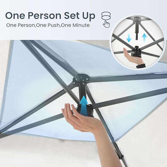 PHI VILLA 10x10 Pop Up Canopy Tent - One Push Setup, Instant Shade Tent with Vented Roof for Beach & Events - Includes Storage Bag, Sandbags, Stakes & Ropes (Blue)