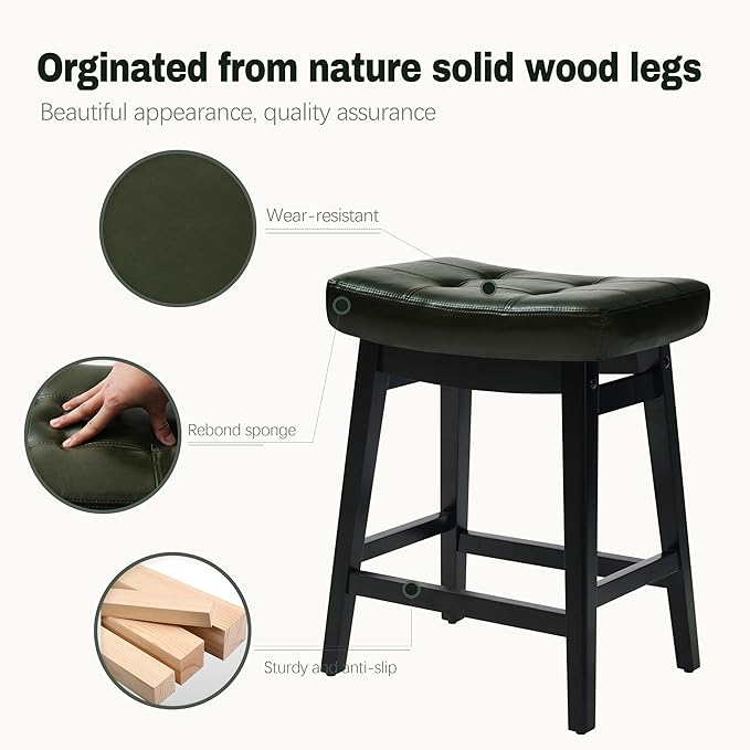 Counter Height Bar Stools Set of 3 for Kitchen Counter Farmhouse Modern Barstools with Faux Leather Upholstered Backless Seat and Solid Wood Legs 24 inch Bar Chairs, Green + Black