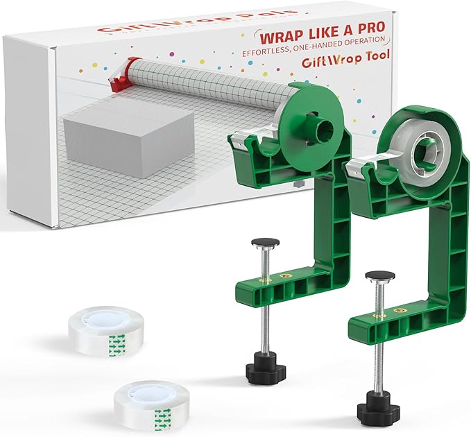 Tabletop Gift Wrapping Tool with Tape Dispenser–2 Pack Adjustable Wrapping Paper Table Clamps with 2 Tapes–Perfect for Christmas, Holidays, and Crafting