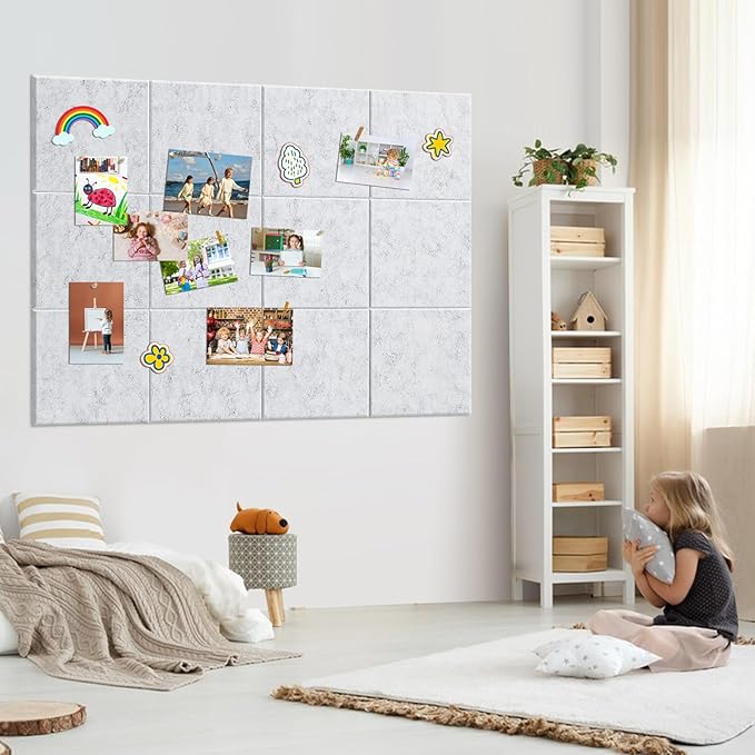 Large Cork Board for Walls 48" x 36" - 12 Pack Felt Wall Tiles with Safe Removable Adhesive Tabs & 40 Pcs Pushpins - Bulletin Board for Office Classroom Home Decor - Marble White