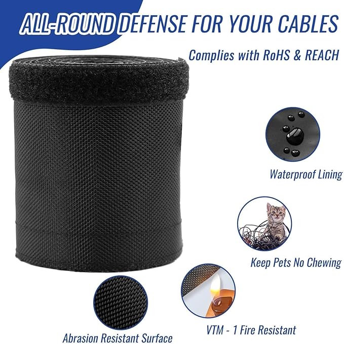 1" - 6.6FT Chew Proof Cord Protector from Pets, Black Heavy Duty Dog & Cat Cable Sleeve Cover - Flexible Split Sleeve for Home, Office, Automotive Wires