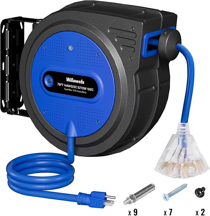 75 FT Retractable Extension Cord Reel, Heavy Duty Extension Cord, 14AWG/3C SJTOW, 3 Grounded Outlets Lighted Triple Tap, 10A Circuit Breaker, Wall/Ceiling Mounted, ETL Listed, Blue U75ACR06