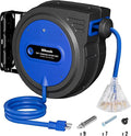 75 FT Retractable Extension Cord Reel, Heavy Duty Extension Cord, 14AWG/3C SJTOW, 3 Grounded Outlets Lighted Triple Tap, 10A Circuit Breaker, Wall/Ceiling Mounted, ETL Listed, Blue U75ACR06