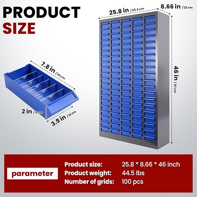 Nut and Bolt Storage Cabinet with ABS Drawer,Steel Small Parts Storage Organizer,46" H X 9" D X26 W Screw Organization for Garage Hardware,Nails,Fastener,Bolts,Nuts,and More (100 ABS Drawers)