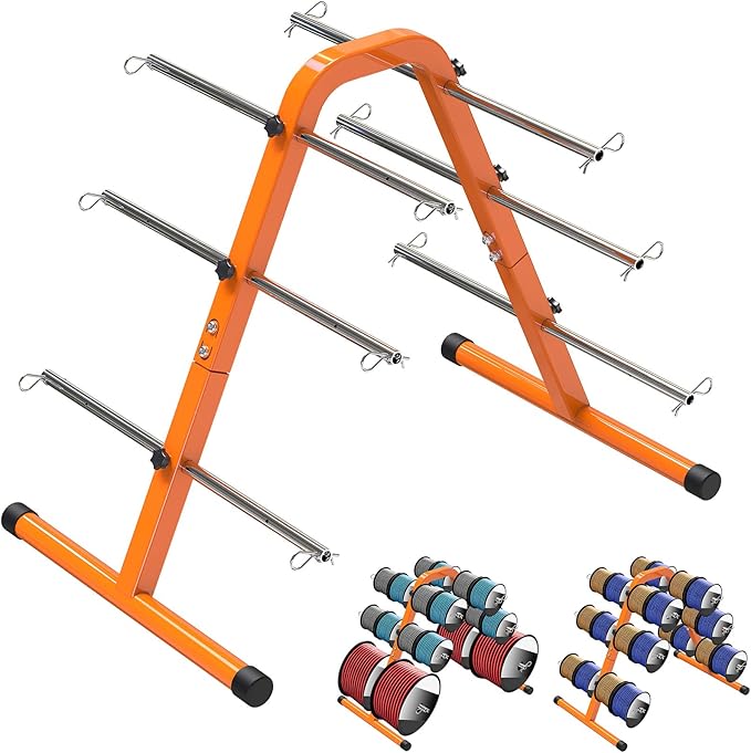 SELEWARE Portable Wire Spool Caddy – Heavy-Duty Steel Cable Dispenser with 6 Adjustable Rods for Effortless Spool Storage & Dispensing (Orange)