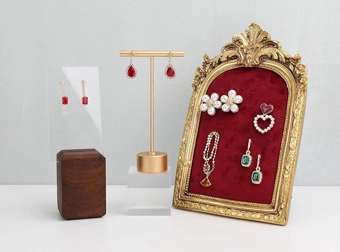 GemeShou Gold Metal Small Earring T Bar Stand Retail Display Holder, Retail Jewelry photography props for Show【Gold-Round Base Height 4.5"】