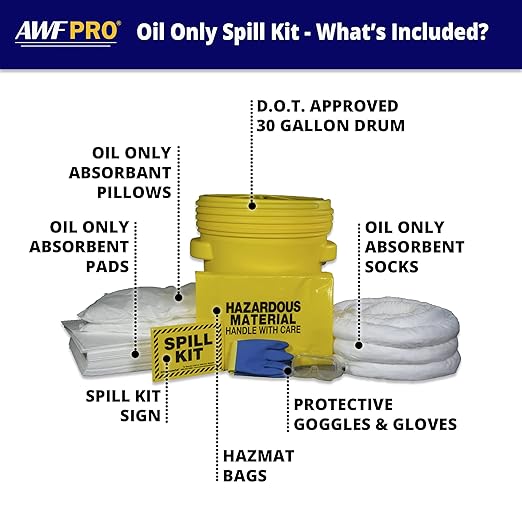 AWF PRO 20 Gallon Oil Only Spill Kit, 59 Pieces – 20 gal DOT Approved Drum, Socks, Pads & Pillows, & Accessories