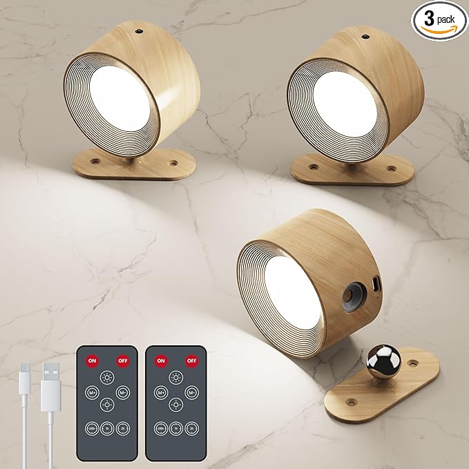 3Pack Battery Operated Wall Sconce, 3 Color Modes 3 Brightness Levels 360°Rotation Lighting Timer Touch & Remote Control, Wall Mounted Lamp LED Wall Lights for Bedroom Reading Bedside (Wood)