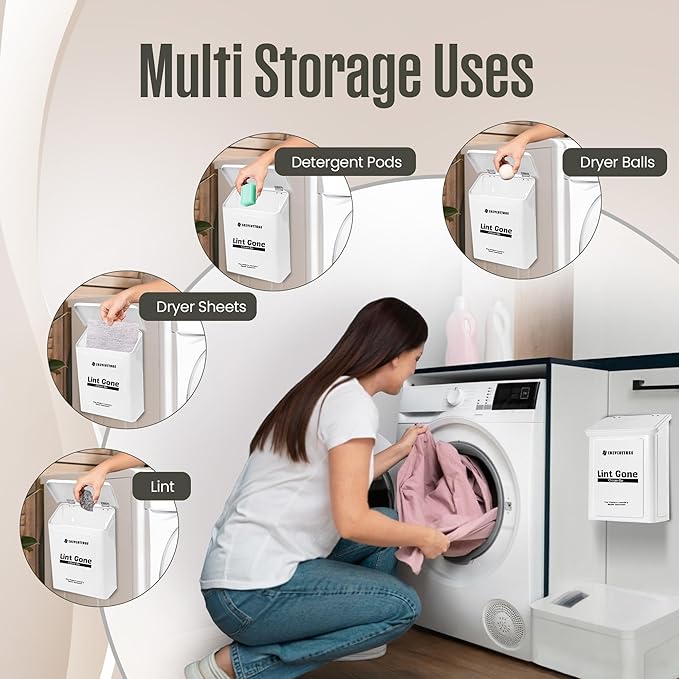 COZYCOTTAGE Magnetic Lint Bin for Laundry Room, Wall Mounted Metal Lint Box Holder Trash Can with Lid for Dryer, Storage Decor with Dryer Lint Basket for Laundry Room Organization, White