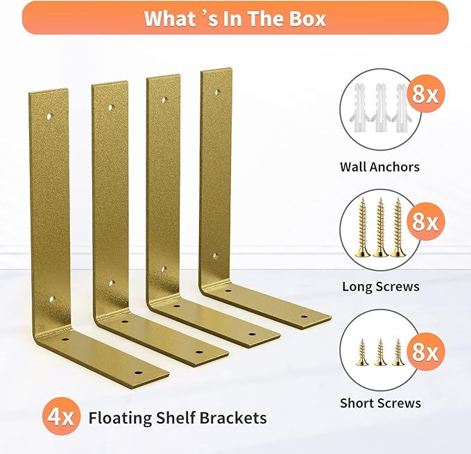 Gold Heavy Duty Shelf Brackets 8 Inch, Extra Thick L Shelving Brackets, Rustic Gold Iron Floating Shelves Wall Mounted with Hardware for DIY Open Shelving, 4 Pack