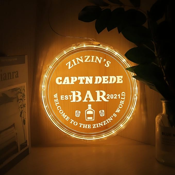 Custom Round Personalized Acrylic Bar Sign - Led, Man Cave Light Up Sign for Home Bar, Shop, or Store Decor
