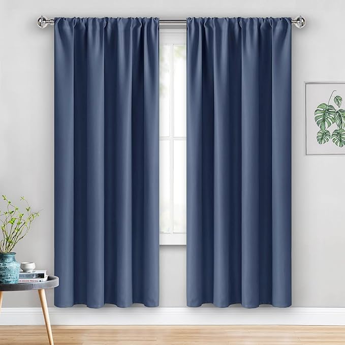JIUZHEN Blackout Curtains for Bedroom - Thermal Insulated Room Darkening Rod Pocket Curtains for Living Room, Set of 2 Panels with Tiebacks, 52 x 72 Inch Length, Dusty Blue