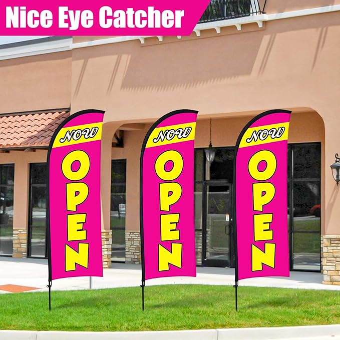 Buryeah 3 Sets Now Open Feather Flag Pole Kit for Business Advertising 7 ft Open Flag Banner Sign with Pole Kit Ground Stake and Portable Bag for Outside Ground(Rose Red)