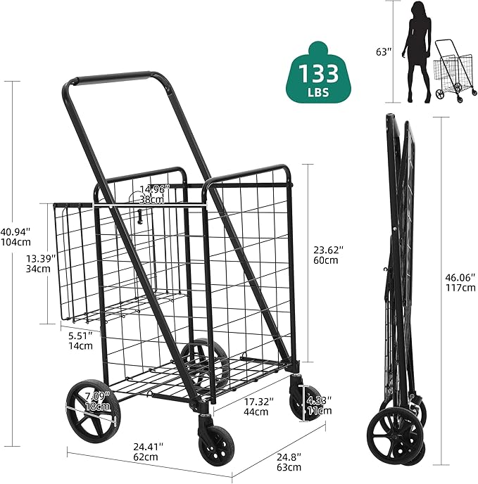 YITAHOME Jumbo Folding Shopping Cart with Wheels, Double Basket Grocery Cart, Collapsible Utility Cart for Laundry, Storage & Organizing (Portable & Space-Saving)