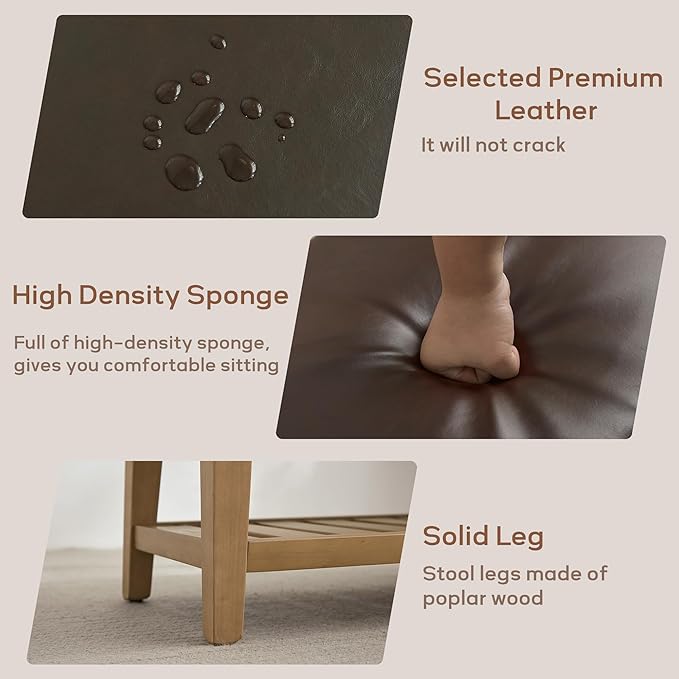 HUIMO Entryway Shoe Bench with Cushion, End of Bed Bench,Upholstered Bench for Kitchen, Bench with Solid Wood Shelf, Leather Ottoman Bench for Hallway, Living Room (PU-Brown)