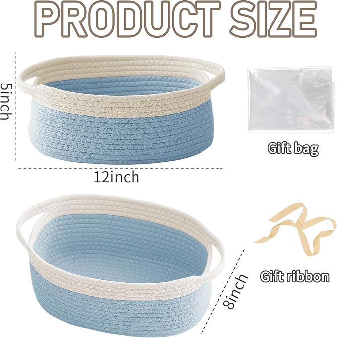 Woven Basket,Small Rope Storage Bin with Handles & Ribbon Bag, Organizer for Shelves Closets,Gift Basket Empty for Birthday,Books,Dog Toys, White&Blue