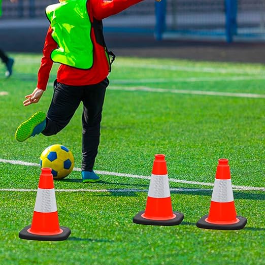 6 Pack 12" Orange PVC Safety Cones with Reflective Stripe, Black Base Stackable Training Cones for Soccer, Sports Drills, Gym, and Indoor or Outdoor Activities (6, Orange, 12 Inch)