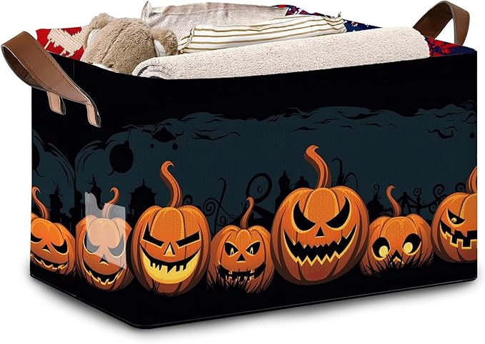 Halloween Pumpkin Storage Basket Large 17x11.5x10.5 Inche-Collapsible Fabric Organizer Bin with Handles for Fall Decor, Party Supplies, Nursery-Decorative Hamper with Jack-O-Lantern -Single Pack