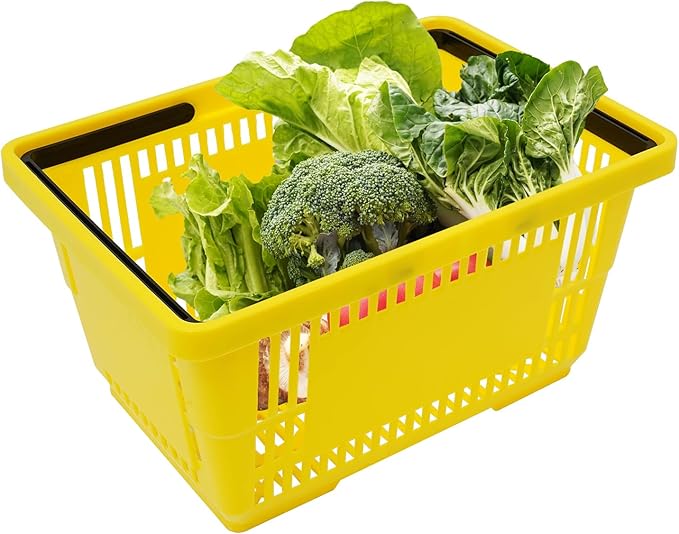 12PCS Yellow Plastic Shopping Baskets with Handles, Portable Retail Baskets Grocery Basket with Handles,18L Hand Shopping Basket Set for Stores, Supermarket, Retail, Groceries Carrying