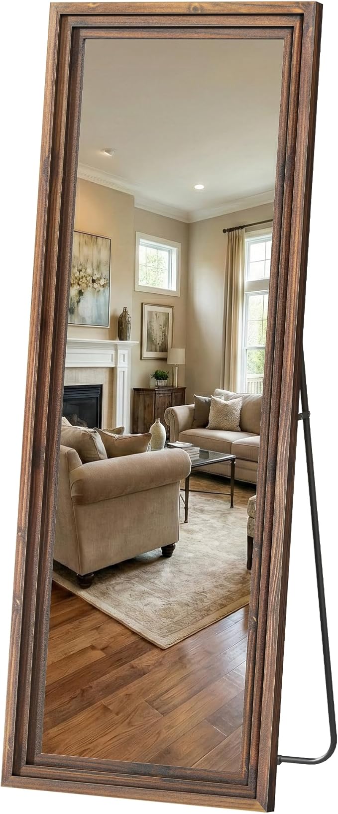 Full Length Mirror, 63"x21" Rustic Farmhouse Floor Mirror with Stand, Rectangular Solid Wood Frame in Walnut Finish, Full Body Mirror for Bedroom, Hallway & Living Room