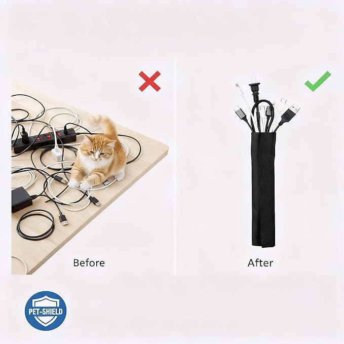1/2" - 6.6FT Chew Proof Cat Cord Protector（Hook & Loop Split Sleeve for Pets - Cat/Dog Proof Cable Management Sleeve for Office USB Computer Audio Cables, Flexible Wire Cover - Black