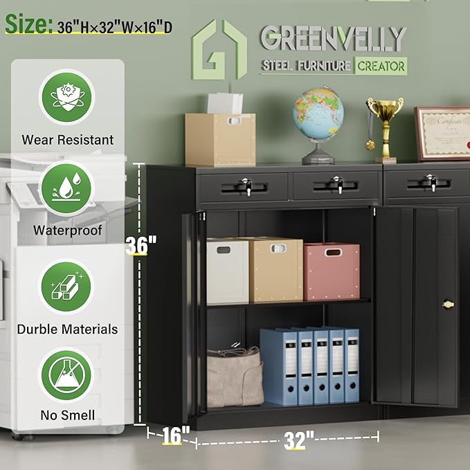Greenvelly Metal Storage Cabinet with 2 Drawers,36" Black Lockable Metal Cabinets with Doors and Shelves, Steel File Cabinet with Lock for Home Office, Garage, School, Apartment,Warehouse