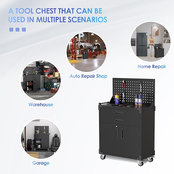 Tool Cart with Wheels and 2 Drawers, Metal Garage Storage Cabinet with Lockable Doors, Pegboard and 4 Hooks for Garage, Workshop, Tool Chest, Heavy Duty Work Bench, Black, Assembly Required