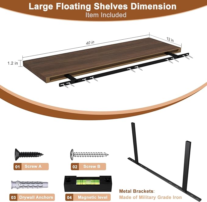 12 Inch Deep Floating Shelves for Wall 2 Pack Floating Shelfs Large Storage Space Wall Decor Display Shelf for Bathroom Living Room Bedroom Kitchen 40" W x 12" D x 1.2" H Walnut