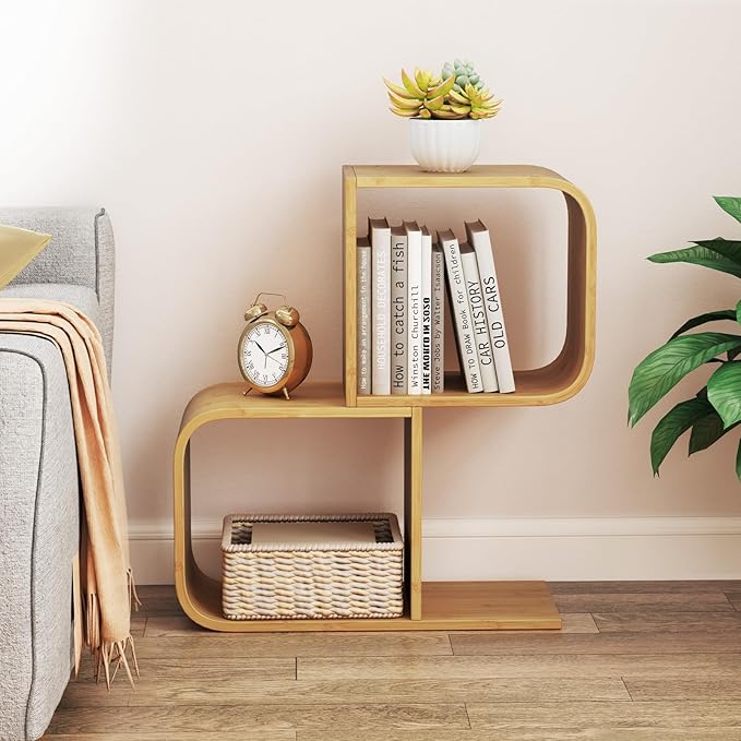 Giantex S-Shaped Bookcase Set of 2, 2-Tier Bamboo Bookshelf with 2 Open Cubes, Geometric Corner Display Shelf, Decorative Storage Organizer, Floor Storage Rack for Living Room, Home Office, Natural