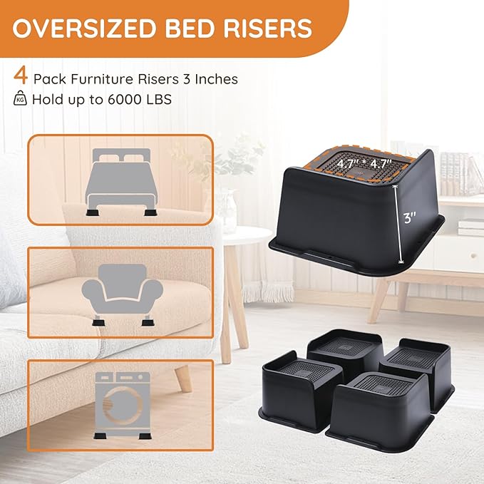 Bed Risers, Oversized Furniture Risers, 3 inch Raise Blocks for Bed Couch Desk Sofa Table Lifts, Furniture Legs Lifters Support up to 6000 Lbs (Black, 4 Pack Set)