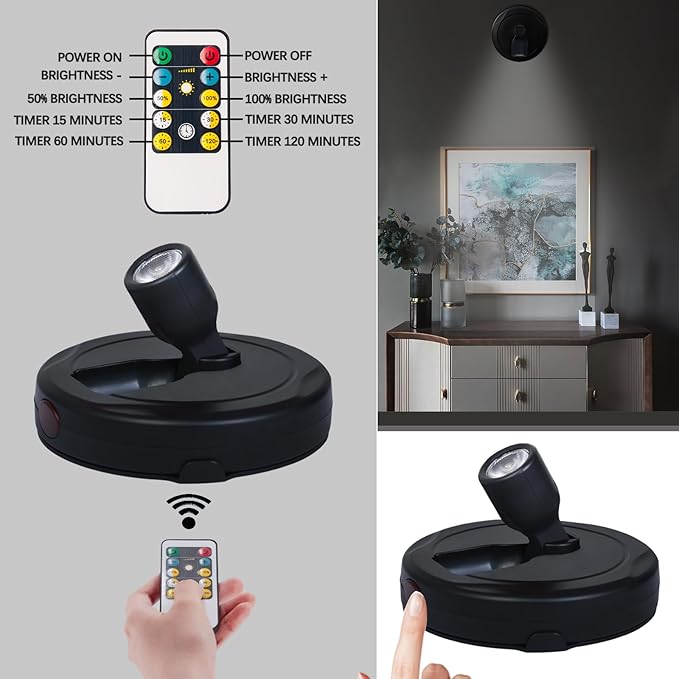 Battery Operated LED Spotlight, Picture Spot Lights, Indoor Uplighting, Puck Lights with Remote, Plants Tree Spotlight, Display Light for Paintings Dartboard Portrait Frame-Black