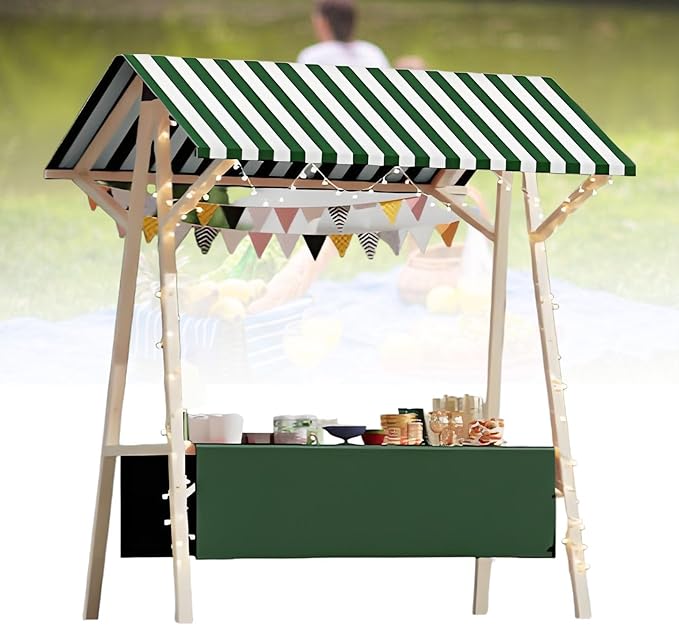 Collapsible Mobile Market Stall Carts Vendor on Wheels, Wood Outdoor Vendor Cart, Easy to Assemble for Parties, Birthdays, Weddings, Bar(Green2,150cm/59in)