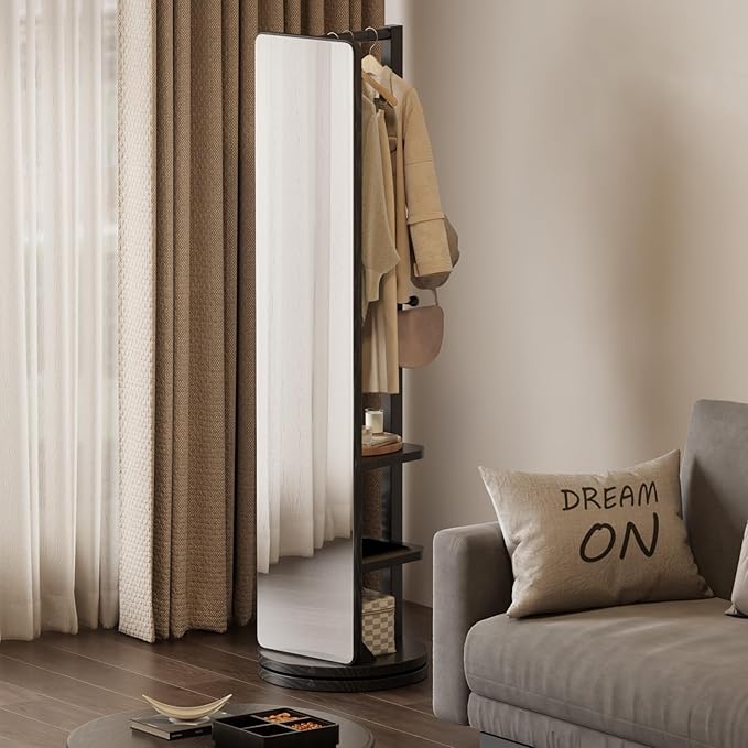 WoodsWhisper Full Length Mirror Coat Rack Solid Wood Floor Mirror 66"x12" Full Length Mirror with Stand Long Mirrors for Bedroom,Living Room