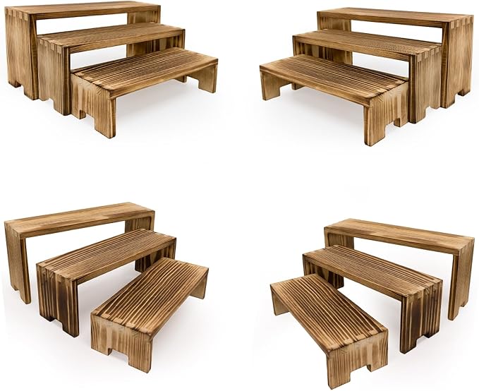 12Pcs Display Riser Wood Risers Cupcake Stand 3 Tier Racks Decorative Rectangular, 4 Set Cologne Perfume Organizer Dessert Stands for Vendors Event