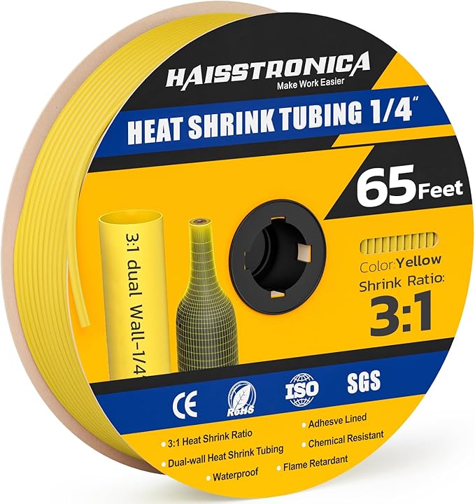 haisstronica 3:1 Heat Shrink Tubing, Shrink Ratio Adhesive Lined Marine Grade Heat Shrink Tube for Home, Automotive and Industrial (Yellow) 65FT 1/4inch