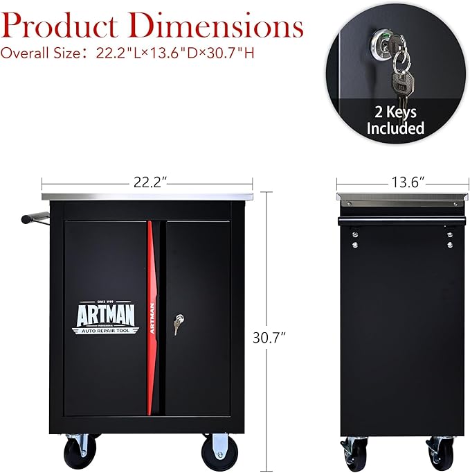 Double-Door Heavy-Duty Rolling Steel Tool Cart with Handle&Wheels, Metal Storage Organizer Cabinet, Tool Chest for Efficient Tool Storage in Garage, Warehouse, Workshop, Repair Shop, Black&RED