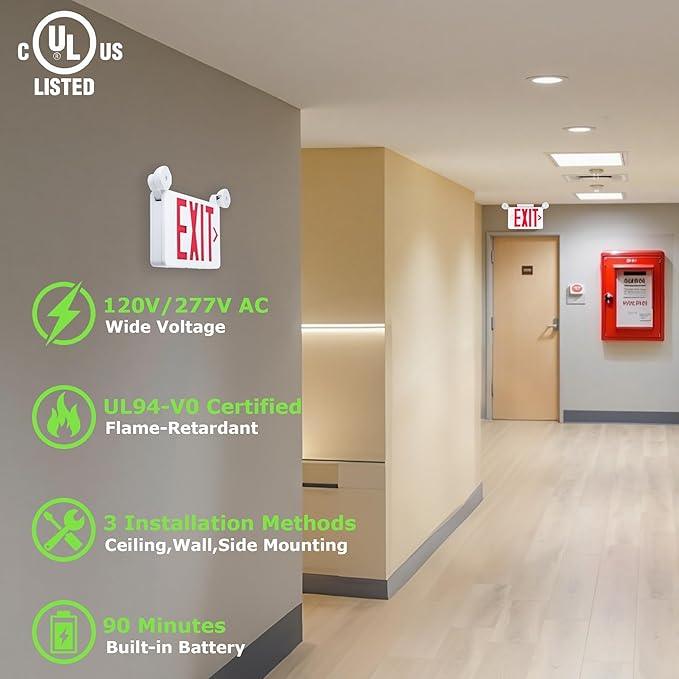 Gruenlich Red Exit Sign with Emergency Lights, 2 Adjustable LED Heads and Backup Battery, UL 924, AC 120/277V, Commercial Hardwired Exit Light for Business, 2 Pack