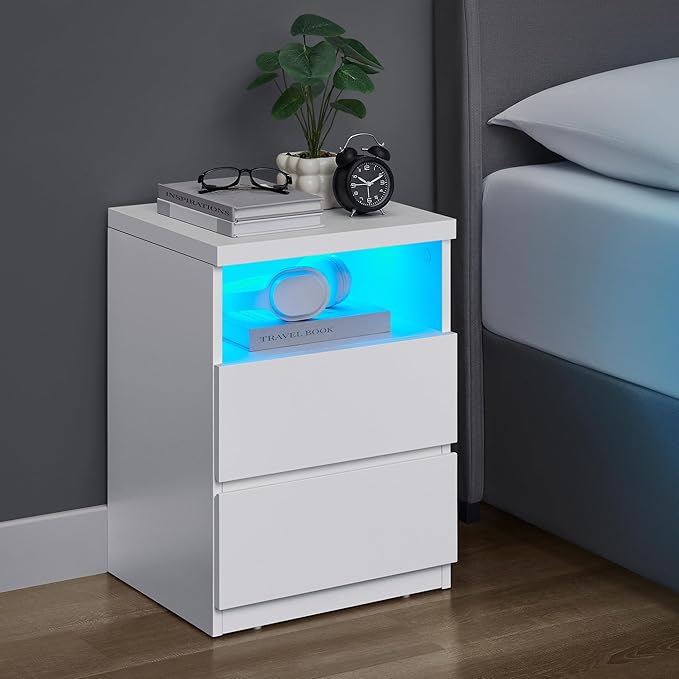 VASAGLE Set of 2 Nightstands with Adjustable LED Lights, Bedside Tables with Drawers, Side Tables, for Bedroom, Modern Minimalist Style, White ULET934T14