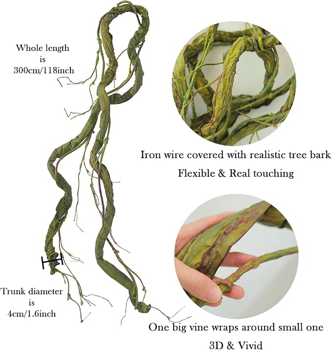 118inch Large Bendable Artificial Wall Hanging Grape Vines Craft Cherry Blossom Greenery Plants Thick Tree Trunk Creeper Wire Branches Twigs Garland For Reptile Climbing Halloween Garden Decoration
