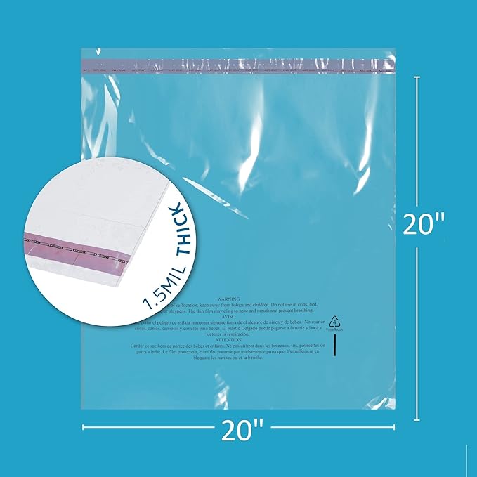 1000 Count - 20" x 20" Extra-Large Self Seal Poly Bags with Suffocation Warning, 1.5 Mil, Clear Polybags with Resealable Adhesive Strip for Shipping & Packaging Clothing, T Shirts & Sweaters. GPI