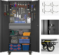 Aobabo 71" H Metal Storage Cabinet with Wheels with 5 Pegboards and 1 Drawer,Lockable Steel Tool Cabinet for Garage,Warehouse,Assembly Required,Black