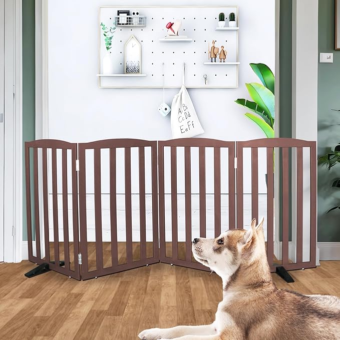 Freestanding Dog Gate Indoor,Doggie Gate Foldable Pet Gates for Doorways,Stairs or Hallways, Wooden Brown Pet Gate for The House, Pet Fence with Support Feet Included,32 "Height-4 Panels