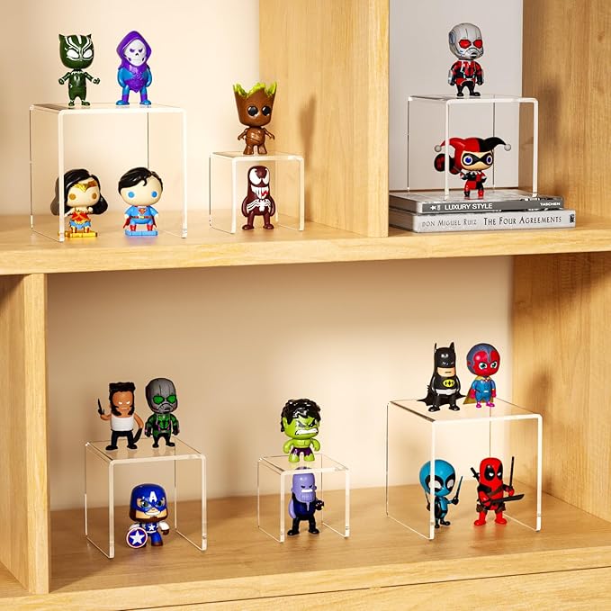 NIUBEE 2 Set Acrylic Risers Display for Funko POP Figures,Clear Cake Stands for Candy Dessert Table Decorations-3"x4"x5"