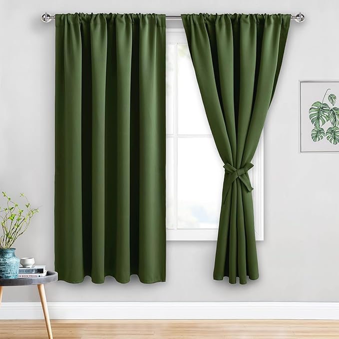 JIUZHEN Christmas Blackout Curtains for Bedroom - Thermal Insulated Room Darkening Noise Reducing, 52 x 63 Inch Length Curtains for Living Room, Set of 2 Panels with Tiebacks, Olive Green
