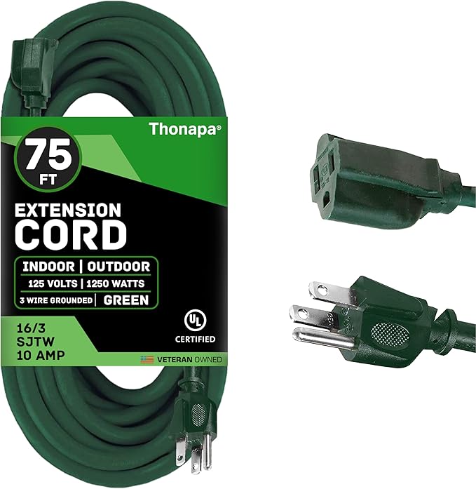 Weatherproof Outdoor Extension Cord 75 ft, 16/3 SJTW 75ft Green Extension Cord 3 Prong, Long for Outdoor Lights & Landscaping, UL Certified - US Veteran Owned
